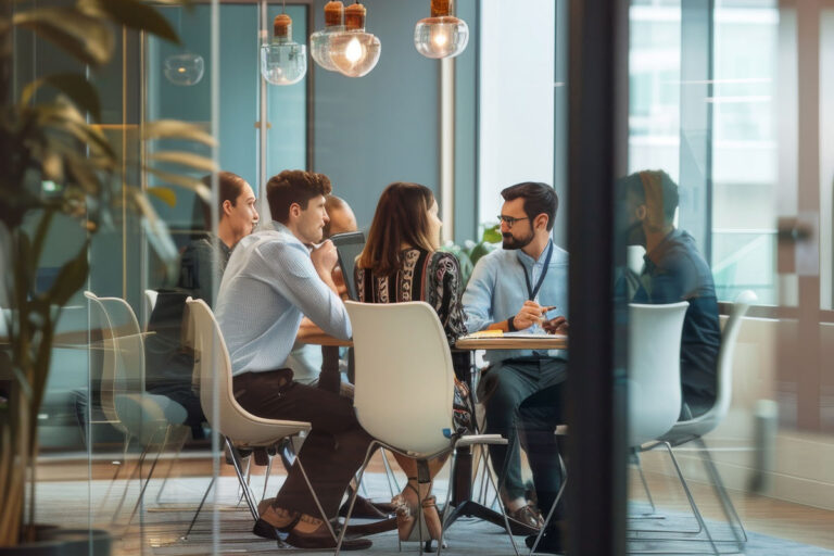 A group of five people sit around a conference table in a modern office, engaged in discussion. Large windows provide natural light, and hanging lights and indoor plants add a contemporary touch to the space.