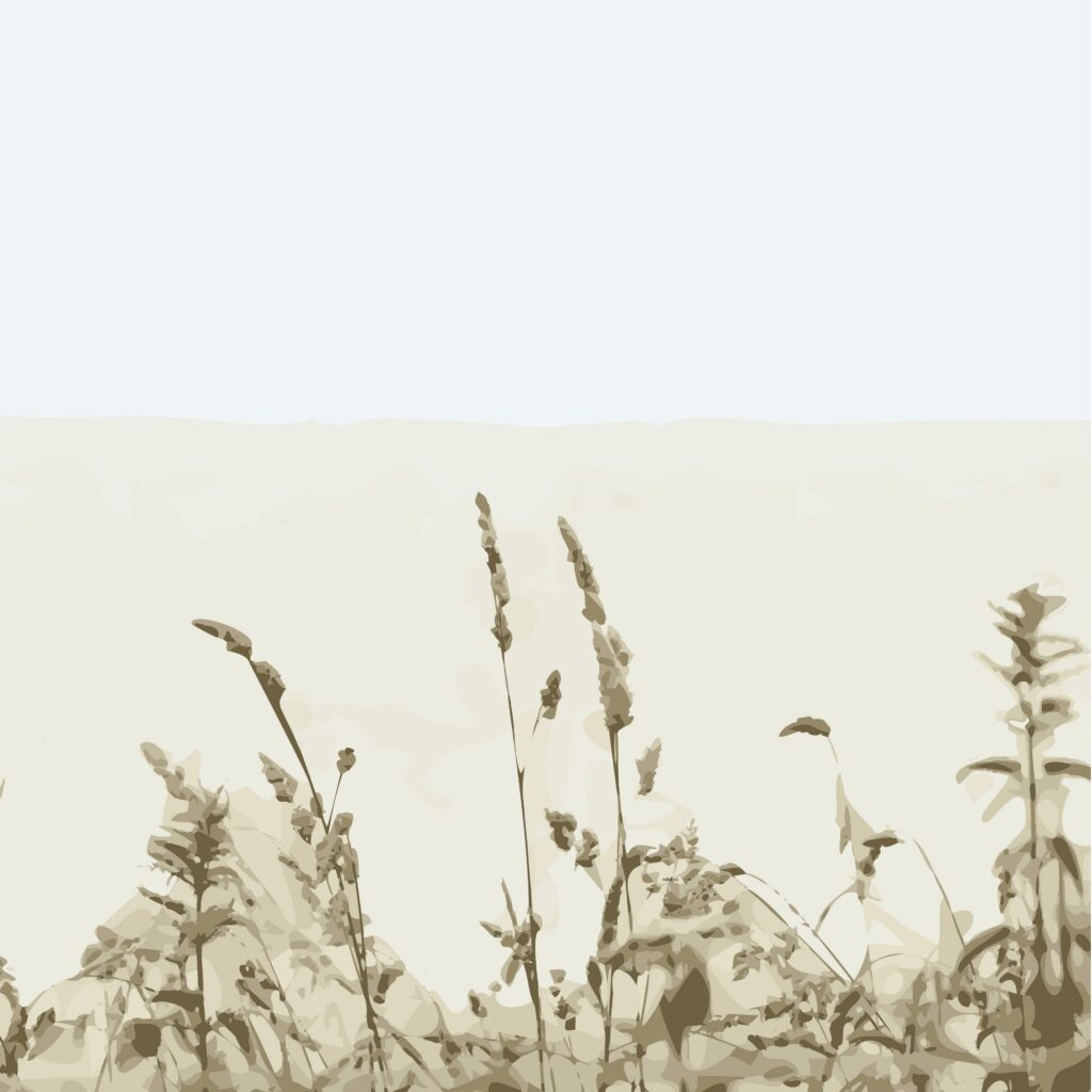 Minimalist illustration of wild grasses and plants in muted beige tones against a light, empty sky background, creating a calm and serene natural scene.