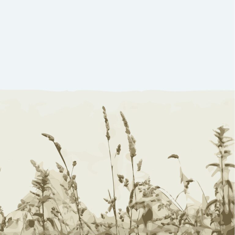 Minimalist illustration of wild grasses and plants in muted beige tones against a light, empty sky background, creating a calm and serene natural scene.